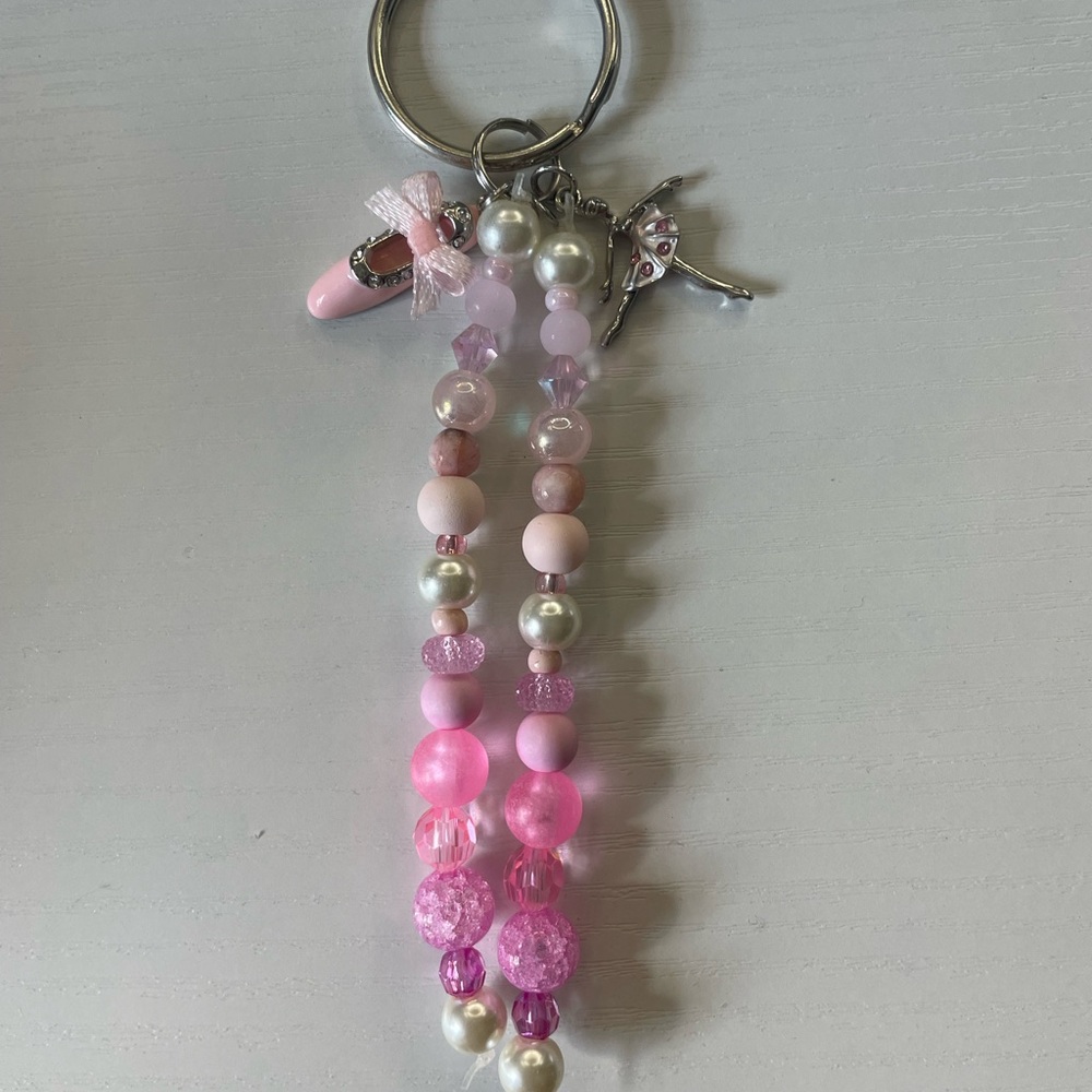 Handmade Pink Beaded Keychain with Ballet Charm